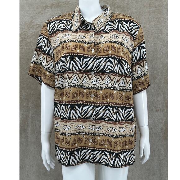 Alfred Dunner Top Womens 20W Tan Button Up Resort Tiki Safari Southwestern Artsy - Picture 1 of 9